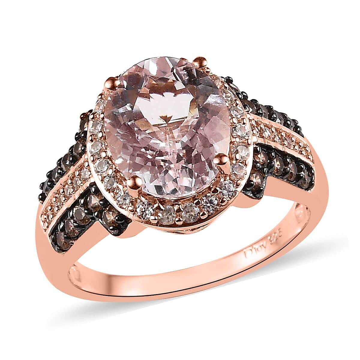Pink Morganite, Champagne and White Zircon Halo Ring in Vermeil Rose Gold Over Sterling Silver (Size 10.0) 3.15 ctw