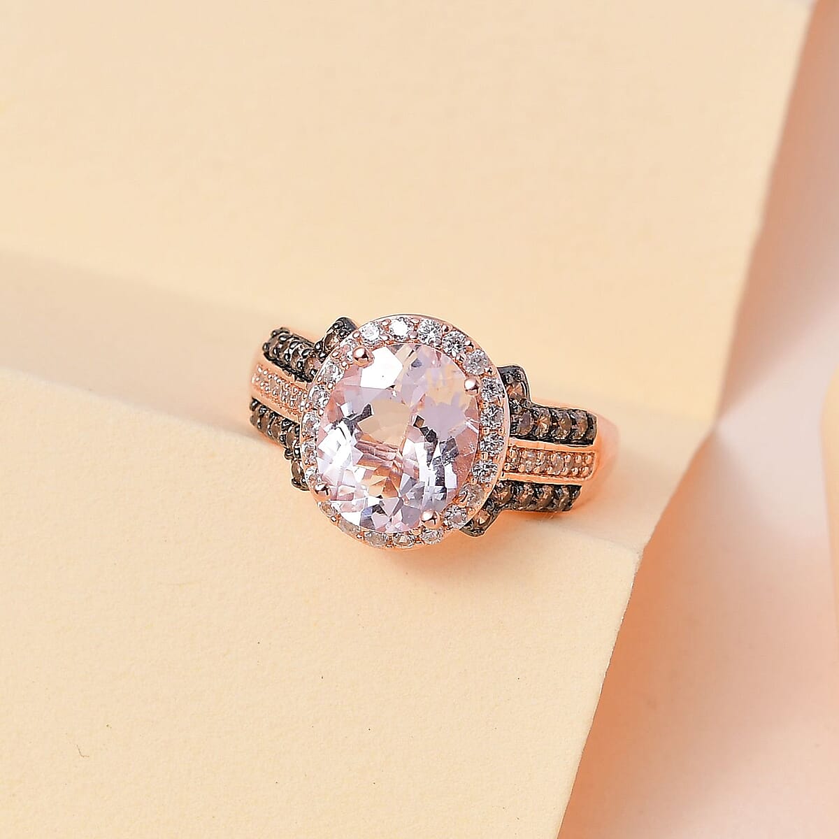 Pink Morganite, Champagne and White Zircon Halo Ring in Vermeil Rose Gold Over Sterling Silver (Size 9.0) 3.15 ctw image number 1