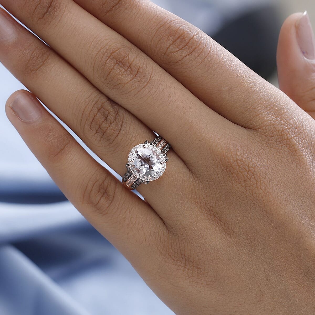 Pink Morganite, Champagne and White Zircon Halo Ring in Vermeil Rose Gold Over Sterling Silver (Size 9.0) 3.15 ctw image number 2