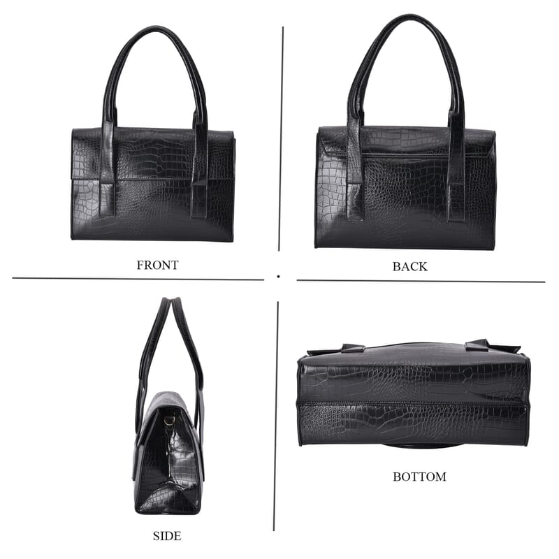 Black Croc Embossed Faux Leather Tote Bag