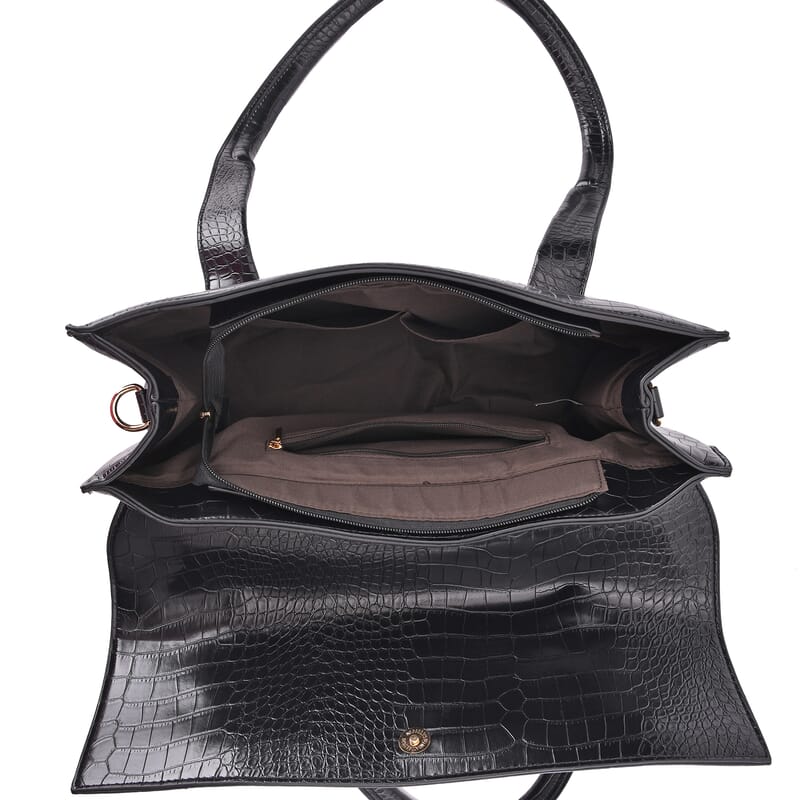 Black Croc Embossed Faux Leather Tote Bag