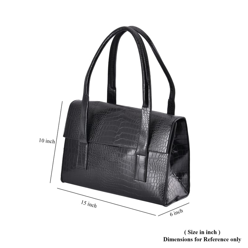 Black Croc Embossed Faux Leather Tote Bag
