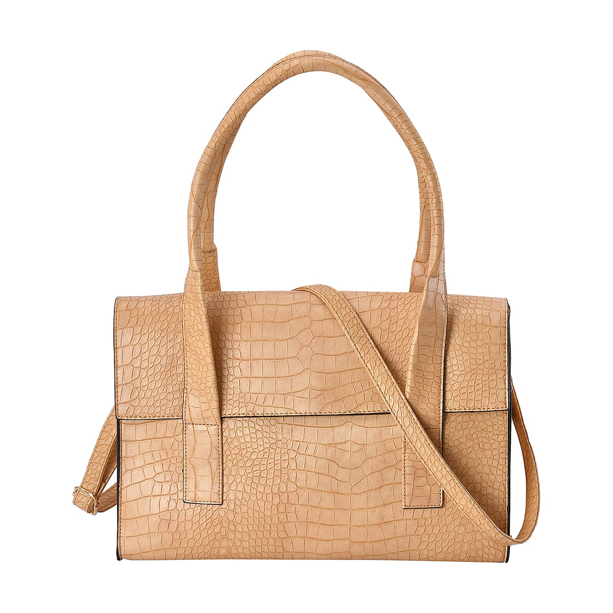 Tan Croc Embossed Faux Leather Tote Bag image number 0