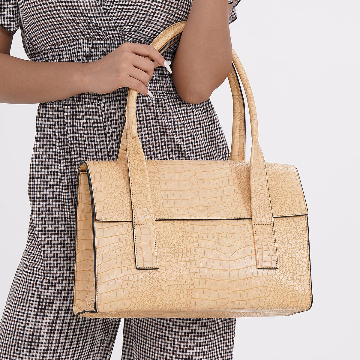Tan Croc Embossed Faux Leather Tote Bag image number 2