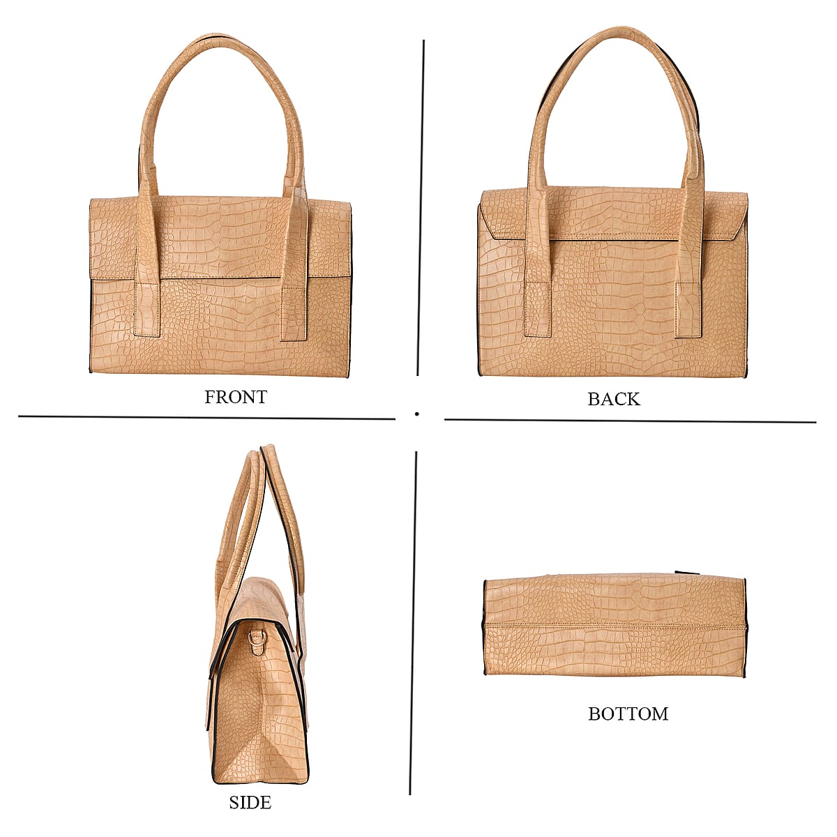 Tan Croc Embossed Faux Leather Tote Bag image number 3