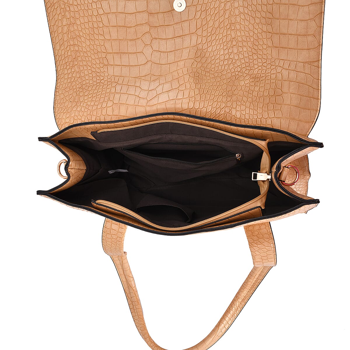 Tan Croc Embossed Faux Leather Tote Bag image number 4