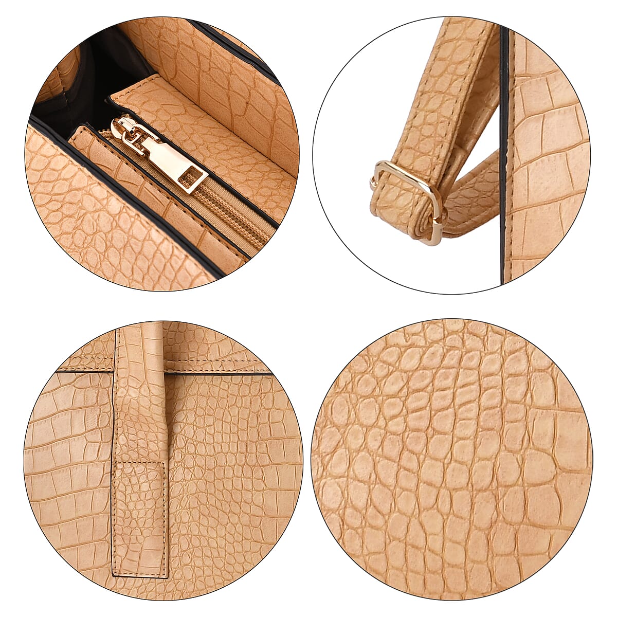 Tan Croc Embossed Faux Leather Tote Bag image number 5
