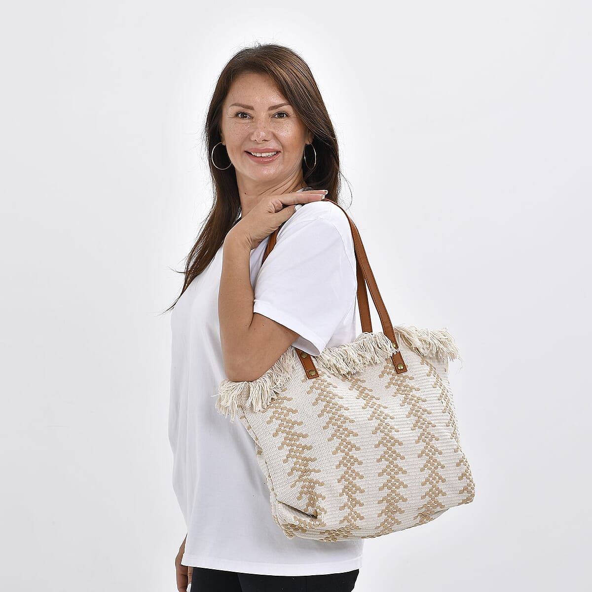 White and Khaki Polyester Tote Bag with Faux Leather Handle (18.11"x4.92"x12.60") image number 1