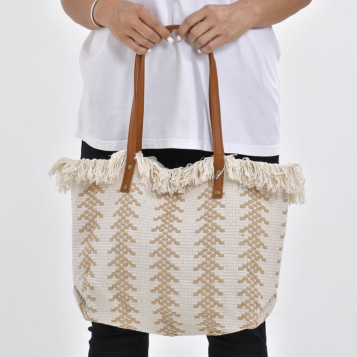 White and Khaki Polyester Tote Bag with Faux Leather Handle (18.11"x4.92"x12.60") image number 2