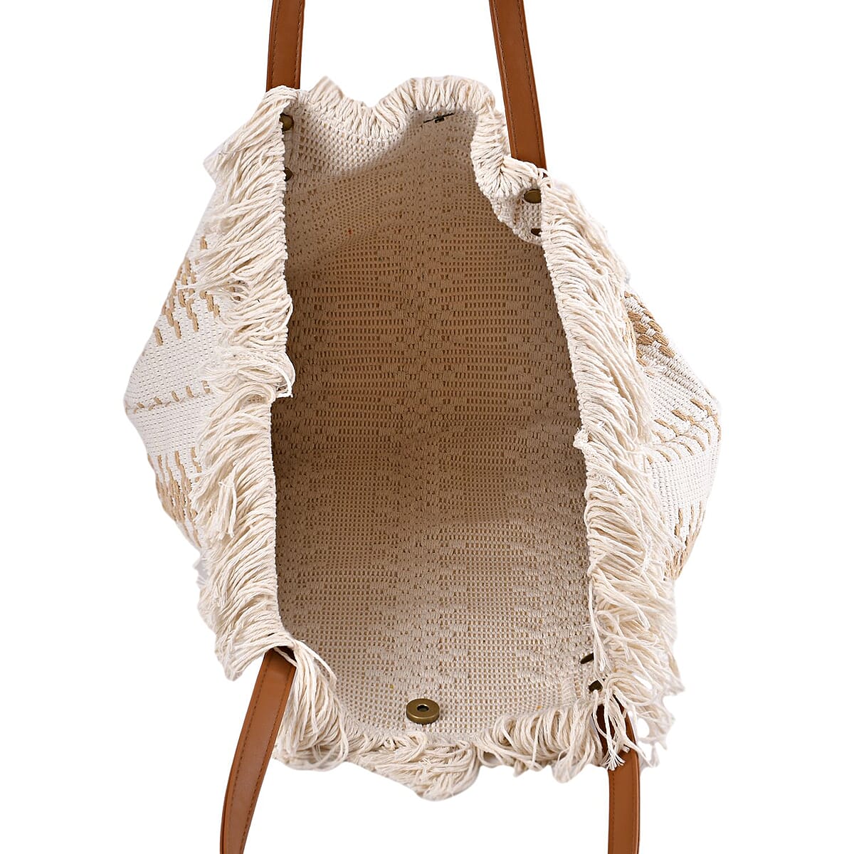 White and Khaki Polyester Tote Bag with Faux Leather Handle (18.11"x4.92"x12.60") image number 4