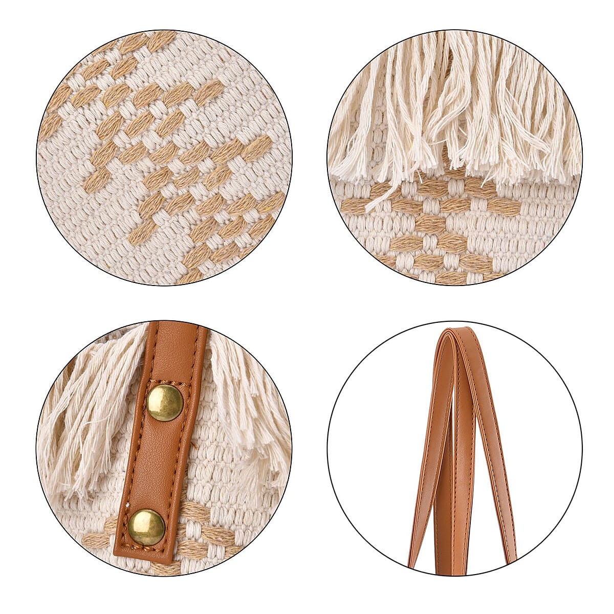 White and Khaki Polyester Tote Bag with Faux Leather Handle (18.11"x4.92"x12.60") image number 5