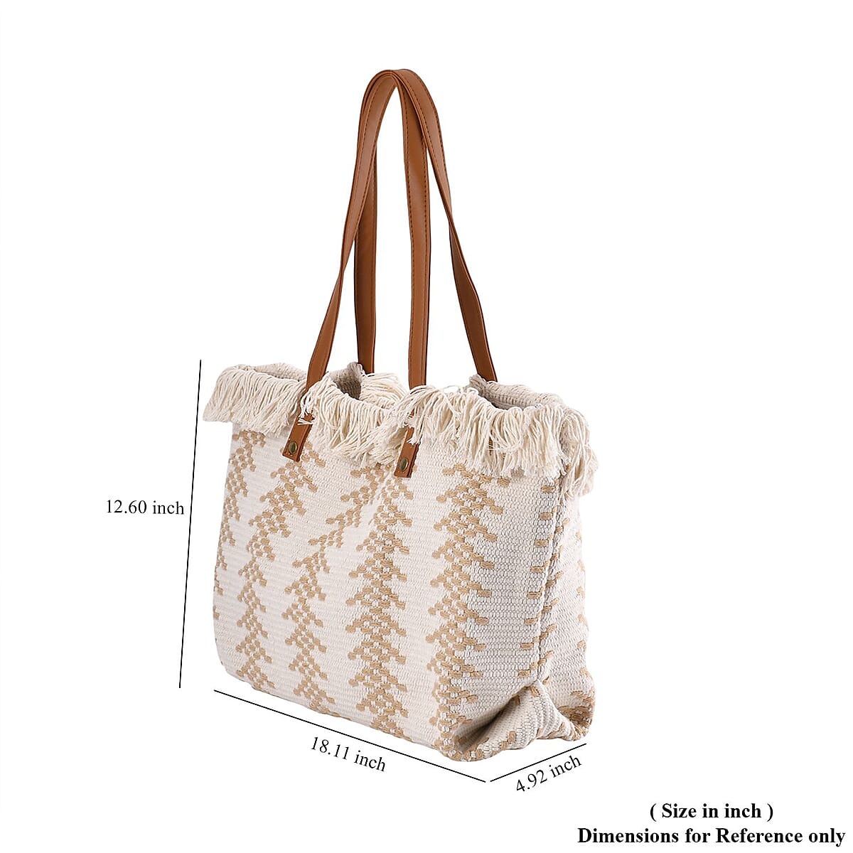 White and Khaki Polyester Tote Bag with Faux Leather Handle (18.11"x4.92"x12.60") image number 6