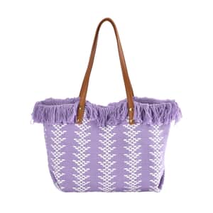 Purple and White Polyester Tote Bag with Faux Leather Handle