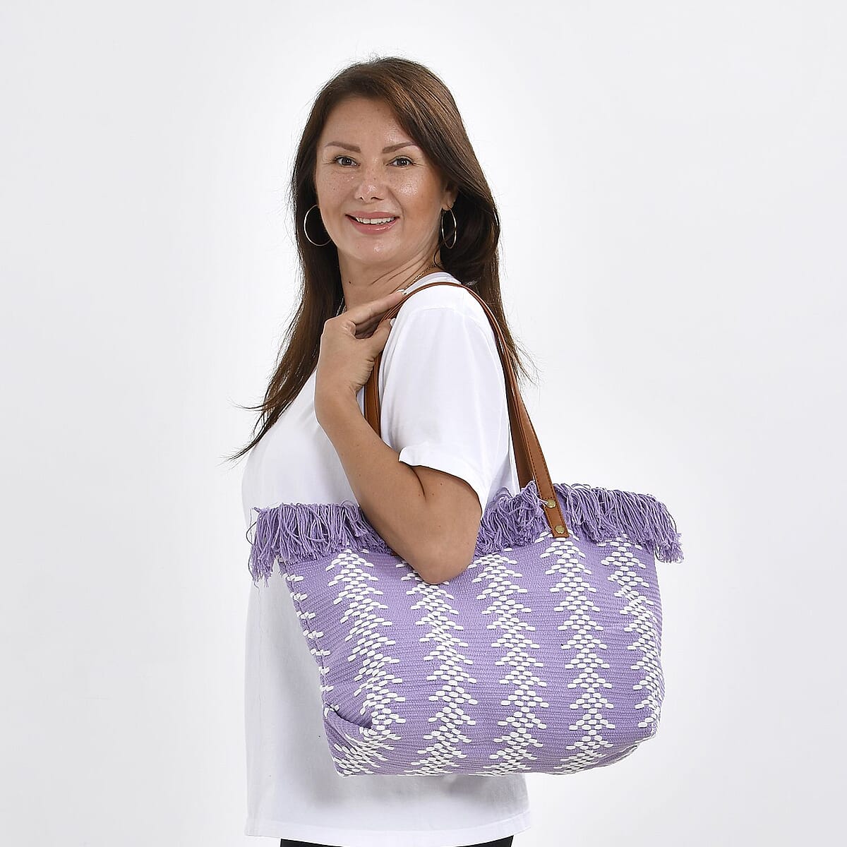 Purple and White Polyester Tote Bag with Faux Leather Handle image number 1