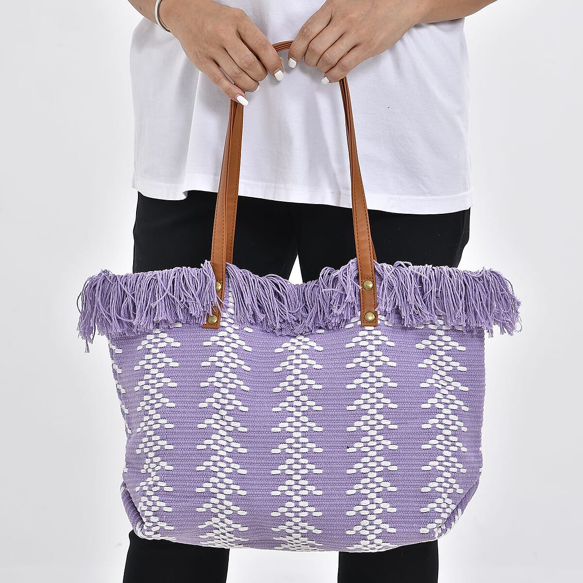 Purple and White Polyester Tote Bag with Faux Leather Handle image number 2