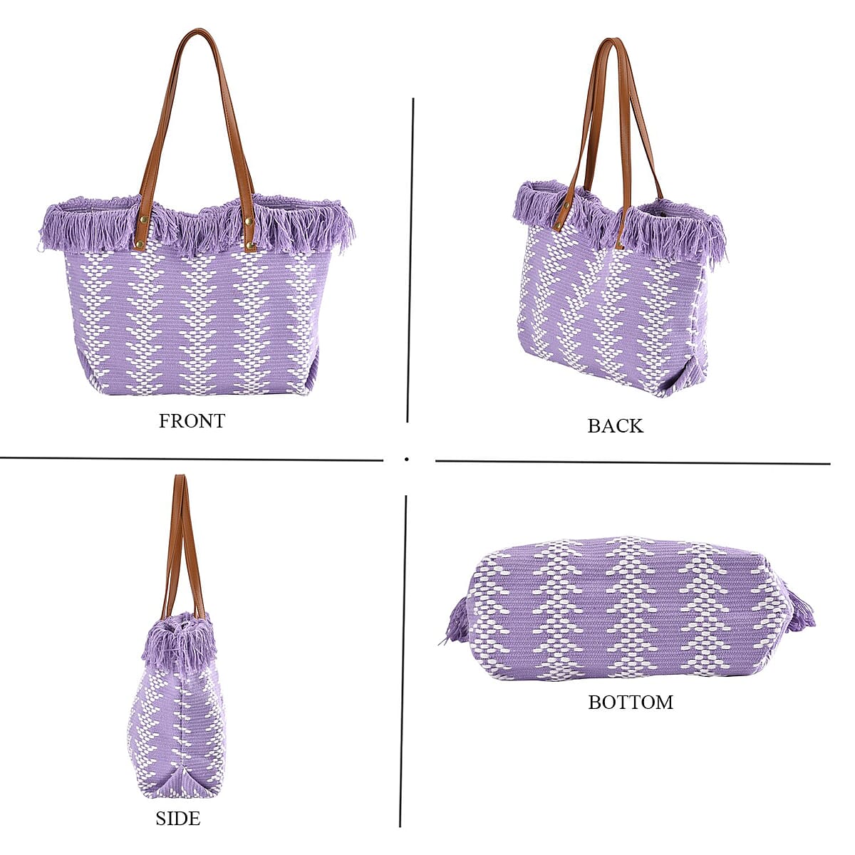 Purple and White Polyester Tote Bag with Faux Leather Handle image number 3