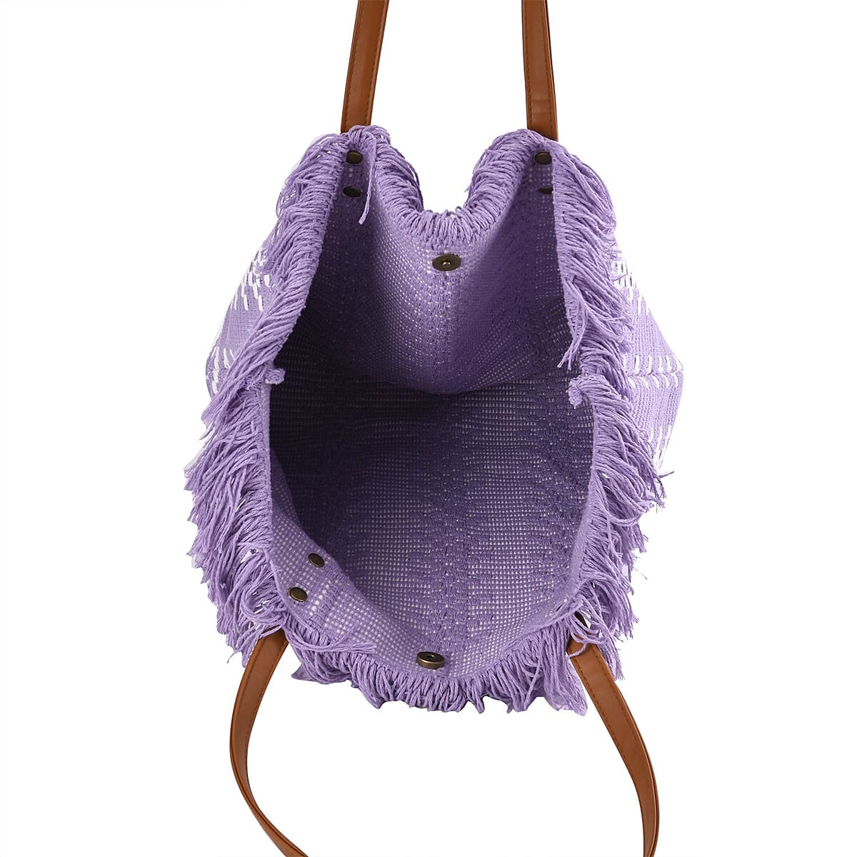 Purple and White Polyester Tote Bag with Faux Leather Handle image number 4