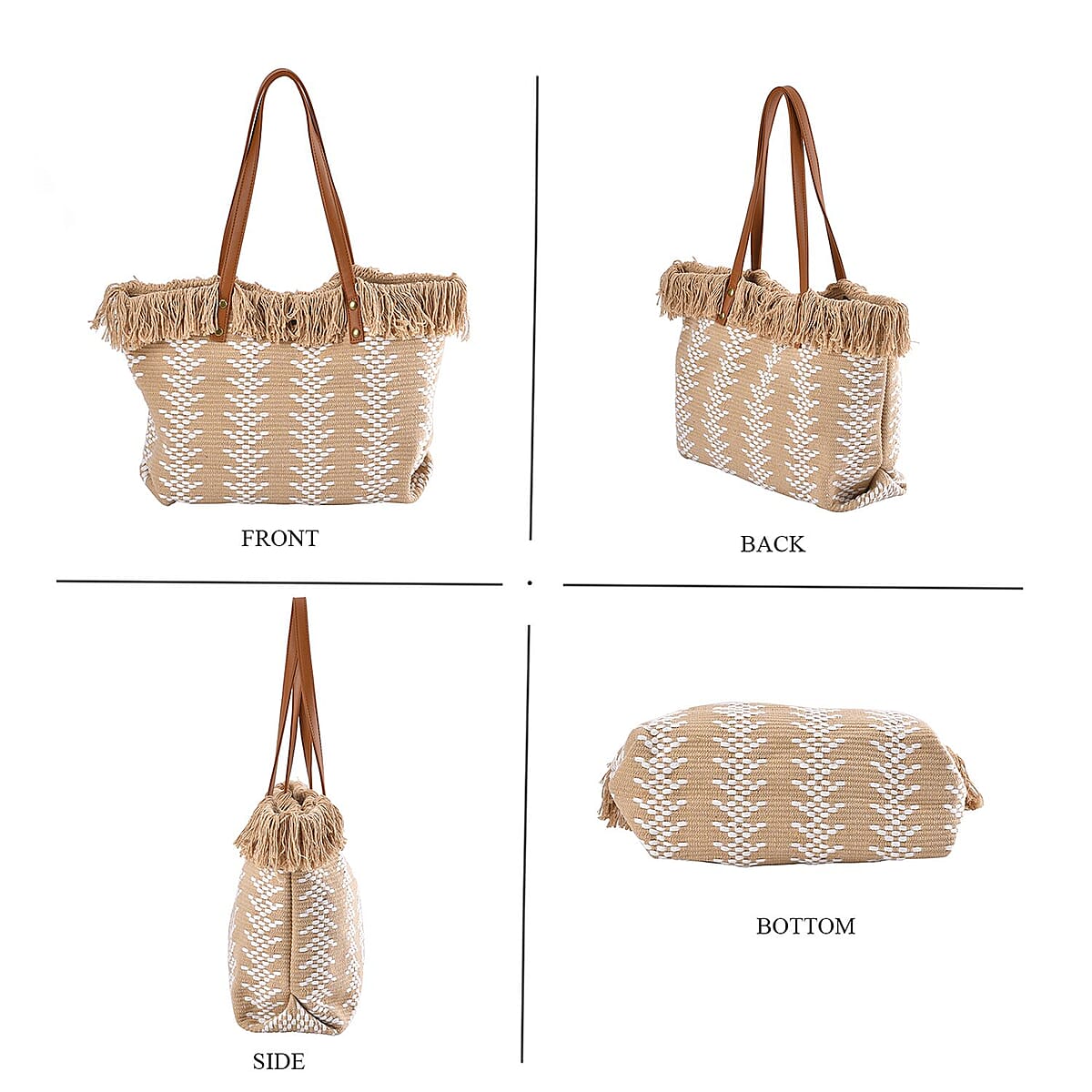 Gold and White Polyester Tote Bag with Faux Leather Handle image number 3