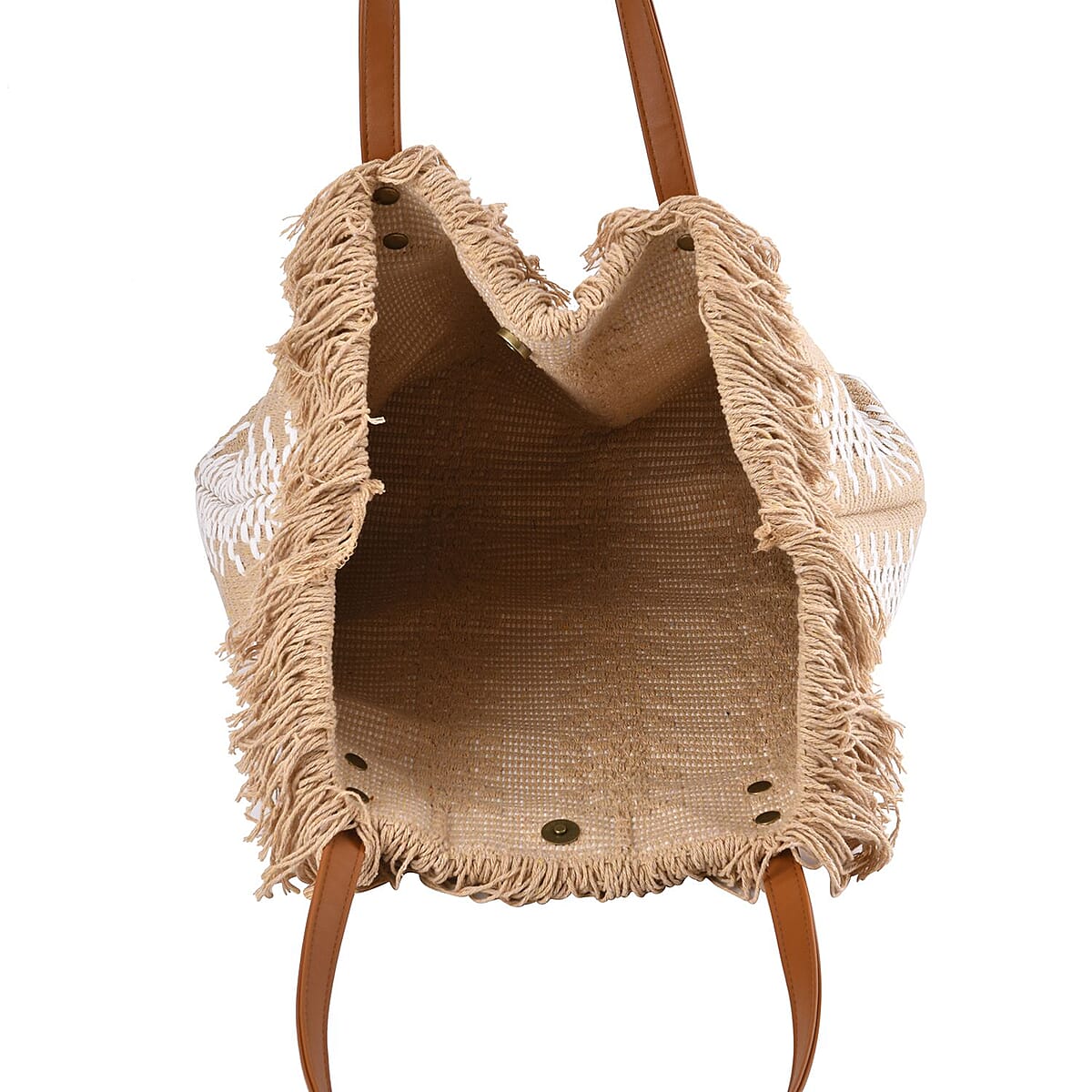 Gold and White Polyester Tote Bag with Faux Leather Handle image number 4