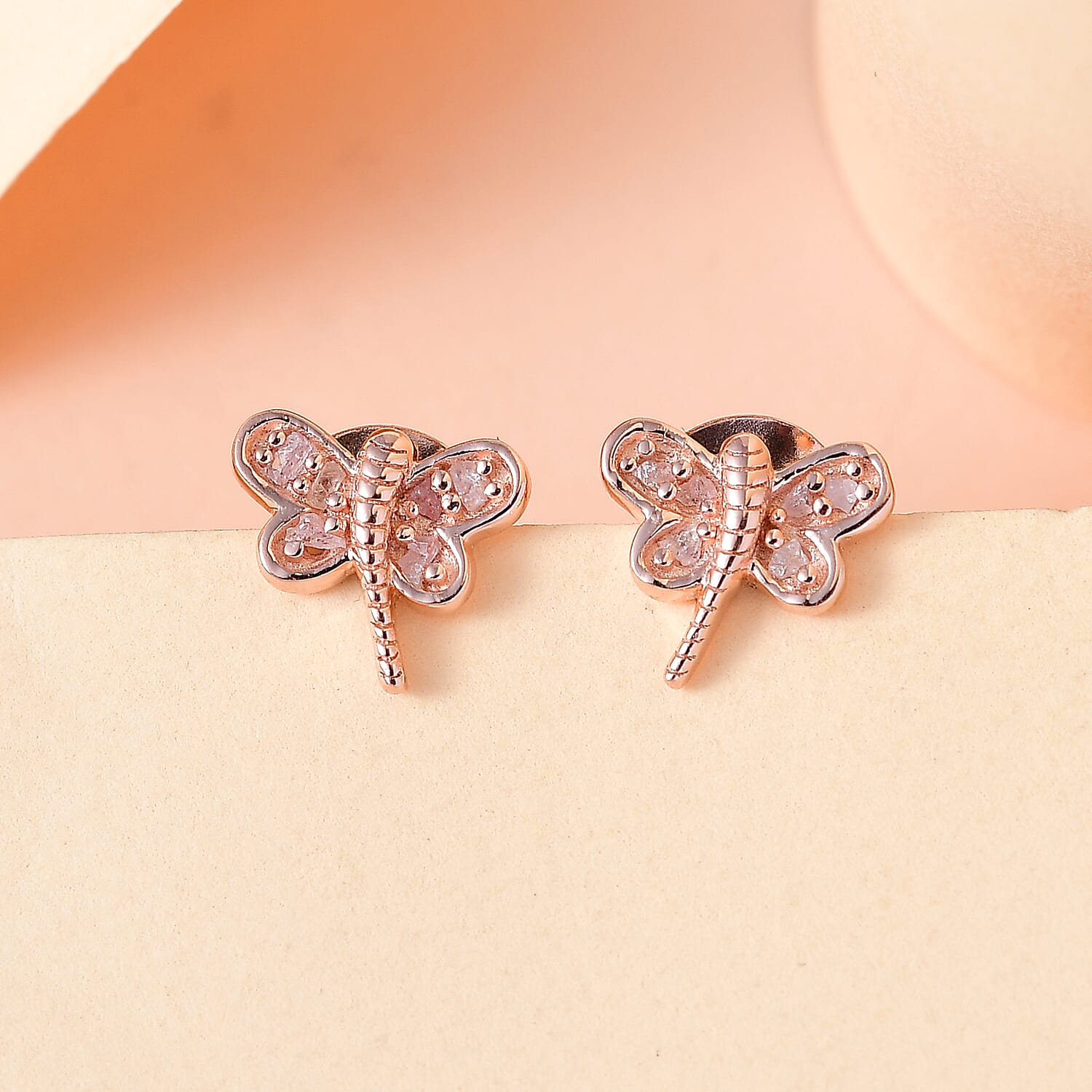 Uncut Natural Pink Diamond Dragonfly Earrings in Vermeil Rose Gold Over Sterling Silver 0.10 ctw