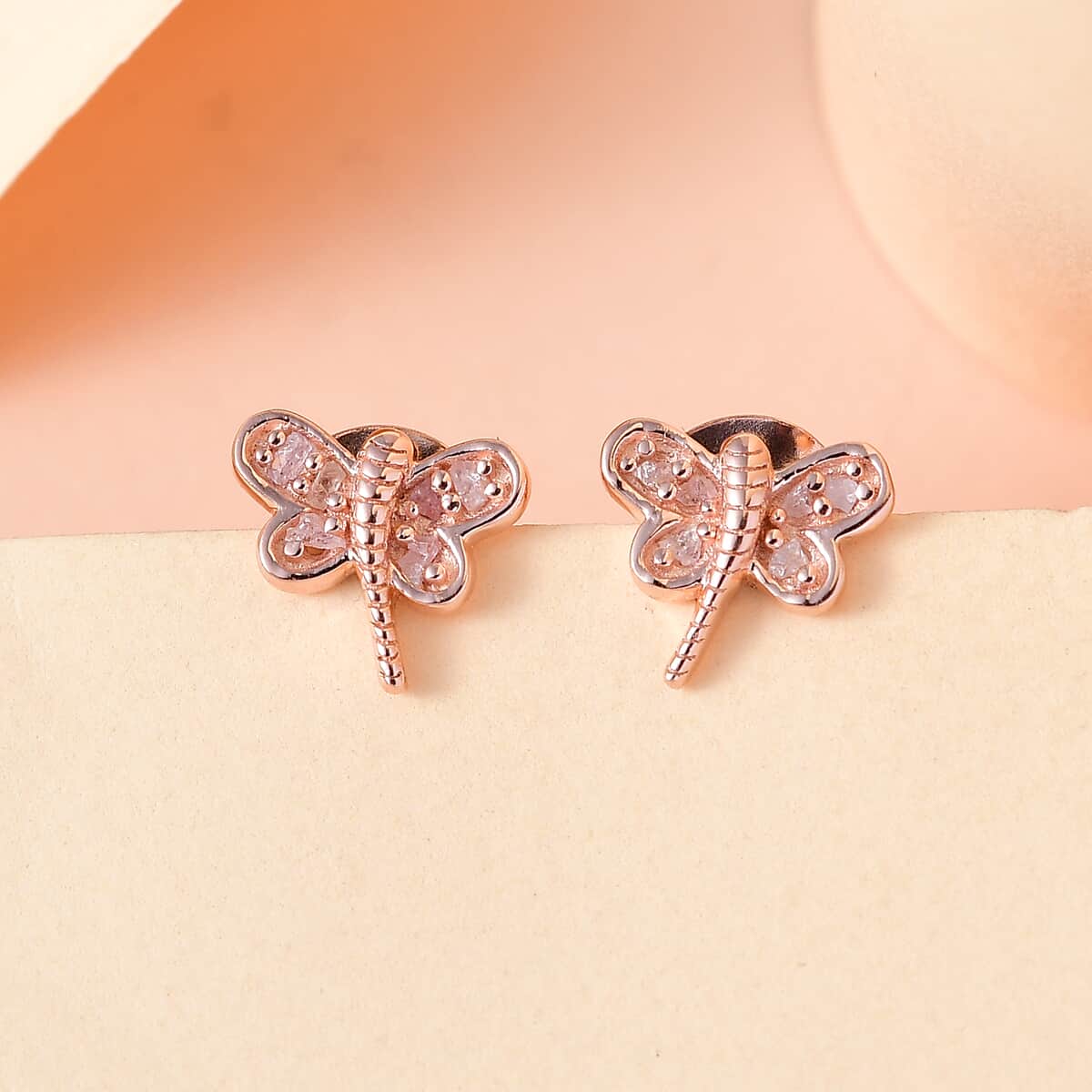 Uncut Natural Pink Diamond Dragonfly Earrings in Vermeil Rose Gold Over Sterling Silver 0.10 ctw image number 1