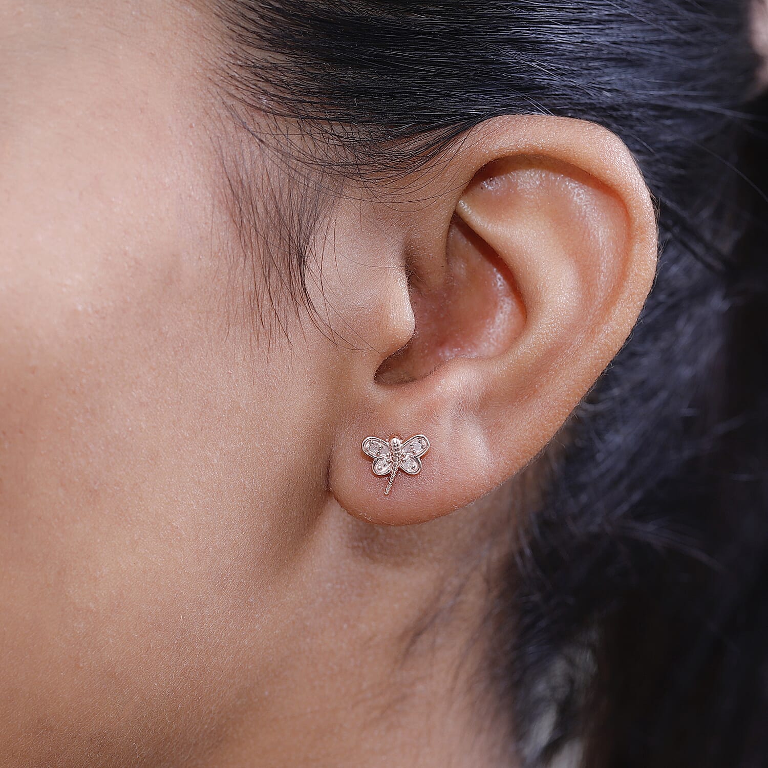 Uncut Natural Pink Diamond Dragonfly Earrings in Vermeil Rose Gold Over Sterling Silver 0.10 ctw