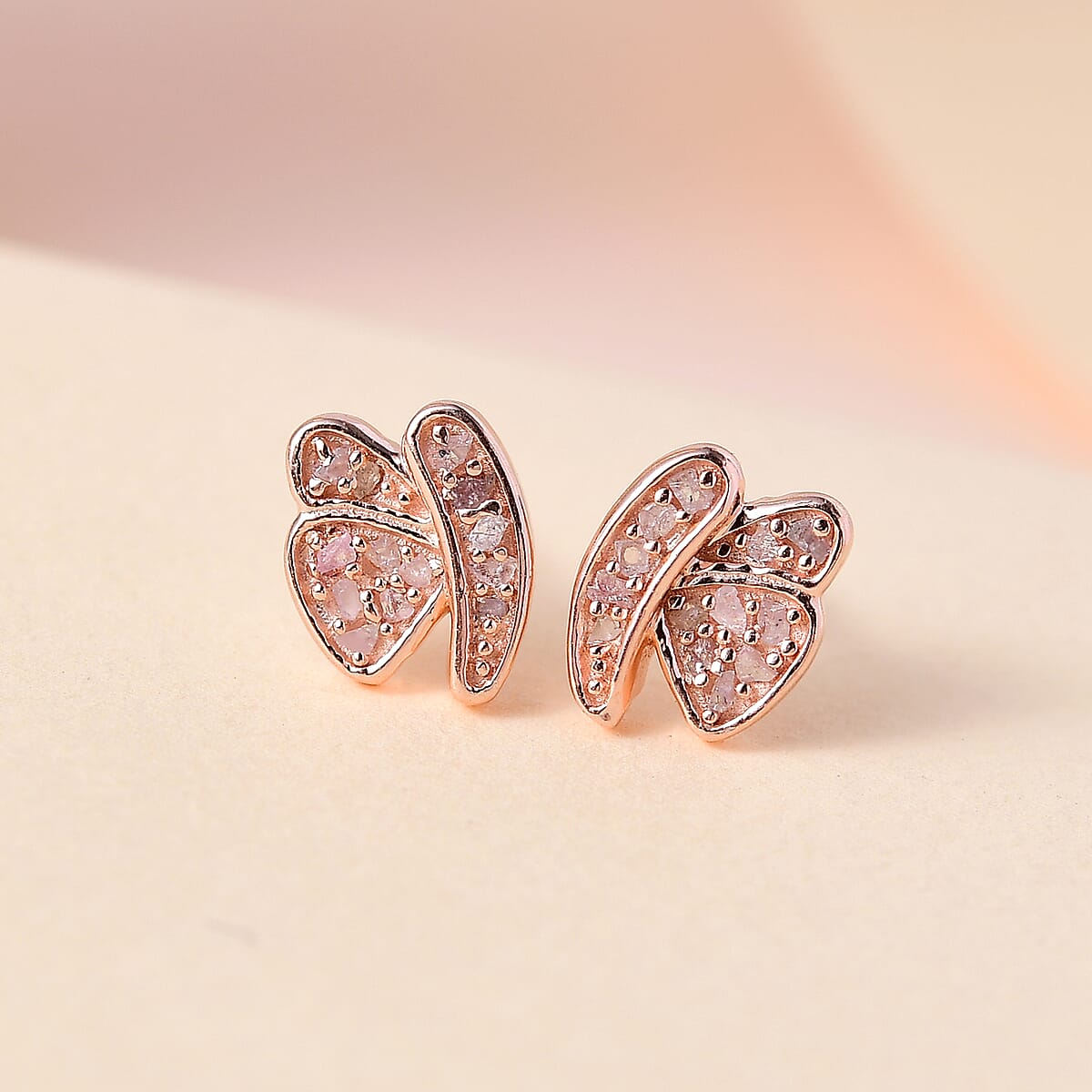 Uncut Natural Pink Diamond Butterfly Earrings in Vermeil Rose Gold Over Sterling Silver 0.10 ctw image number 1