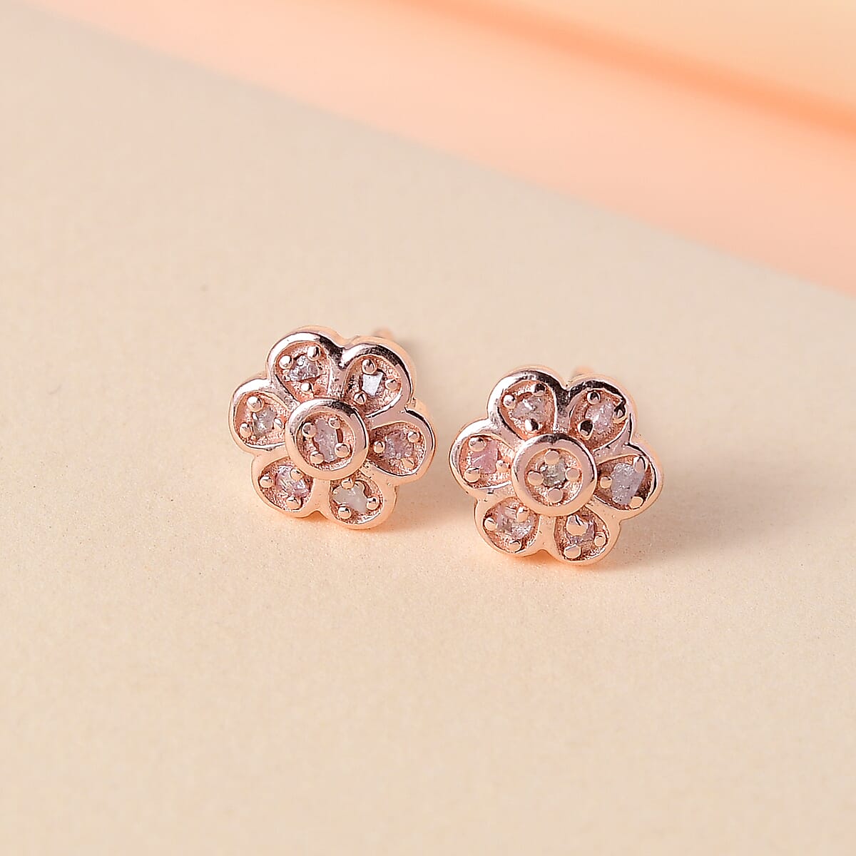 Uncut Natural Pink Diamond Floral Stud Earrings in Vermeil Rose Gold Over Sterling Silver 0.10 ctw image number 1
