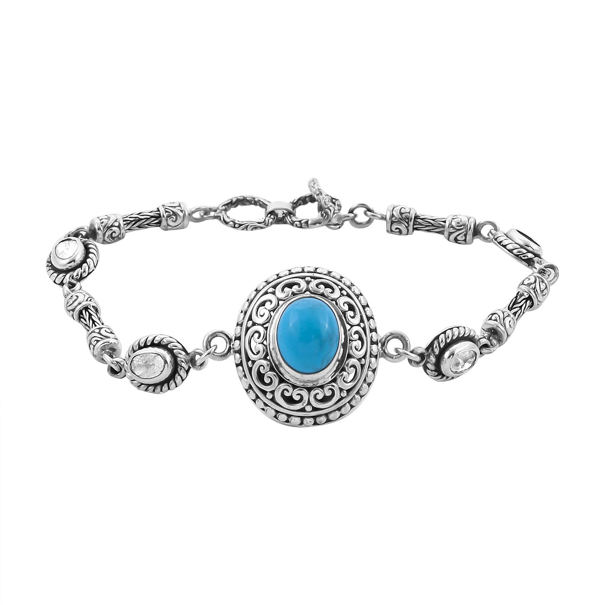Bali Legacy Sleeping Beauty Turquoise and Polki Diamond Bracelet in Sterling Silver (7.25 In) 4.10 ctw image number 0