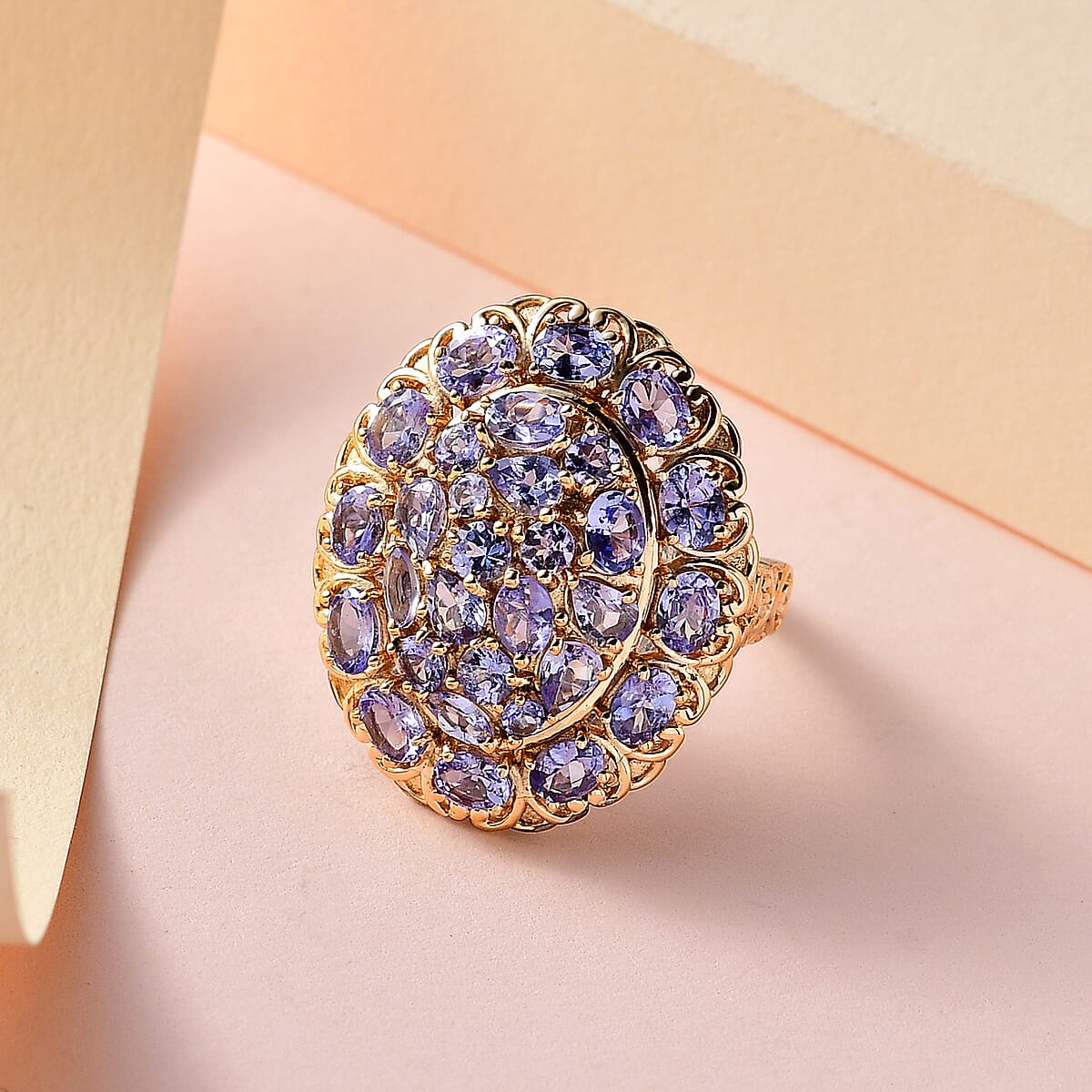 Tanzanite Cluster Ring in Vermeil Yellow Gold and Platinum Over Sterling Silver 4.10 ctw image number 1