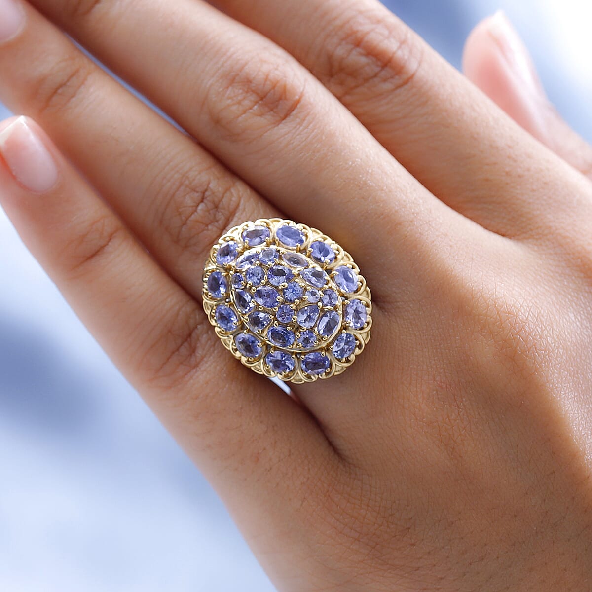 Tanzanite Cluster Ring in Vermeil Yellow Gold and Platinum Over Sterling Silver 4.10 ctw image number 2