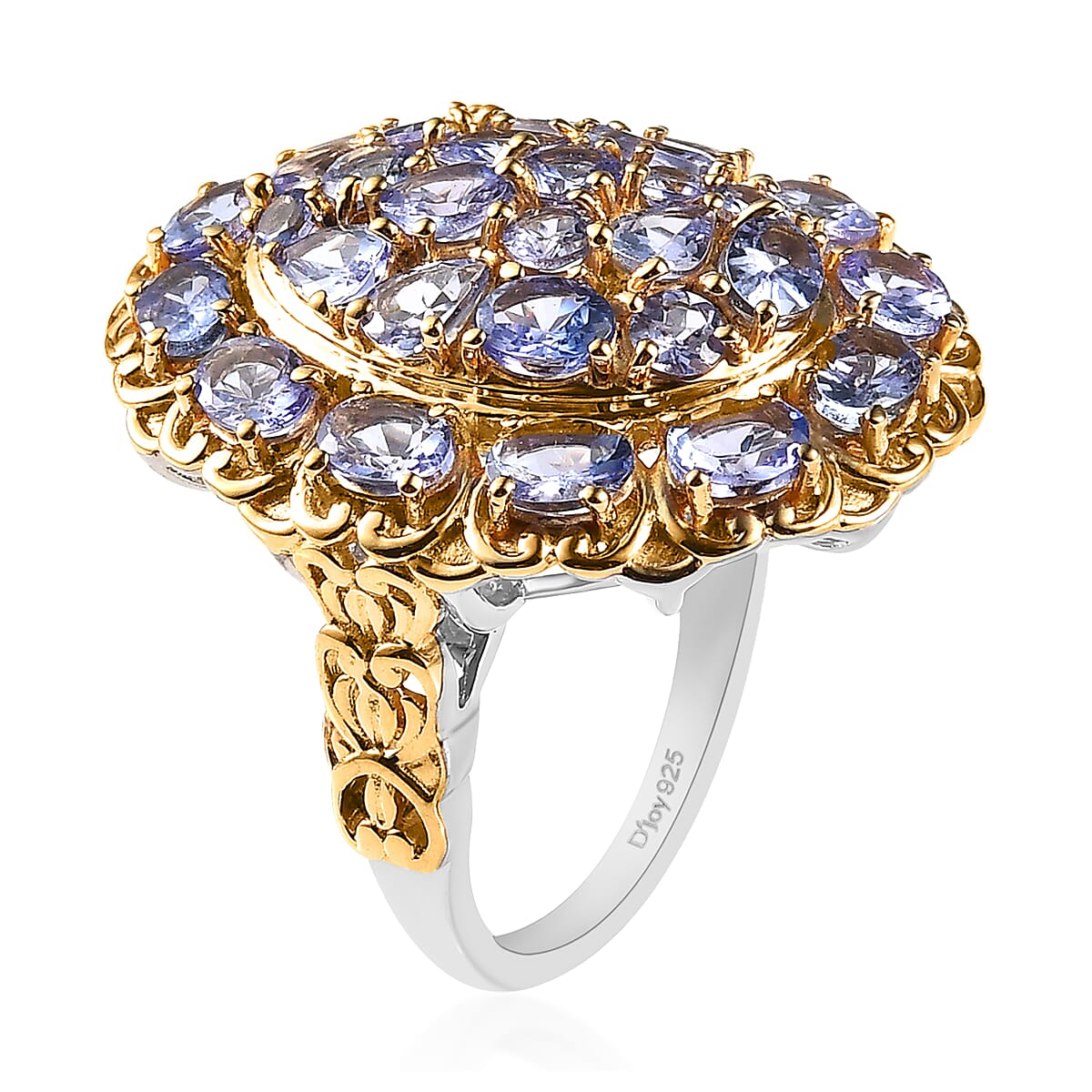 Tanzanite Cluster Ring in Vermeil Yellow Gold and Platinum Over Sterling Silver 4.10 ctw image number 3