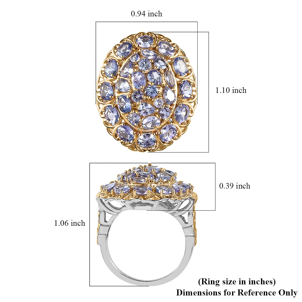 Tanzanite Cluster Ring in Vermeil Yellow Gold and Platinum Over Sterling Silver (Size 7.0) 4.10 ctw