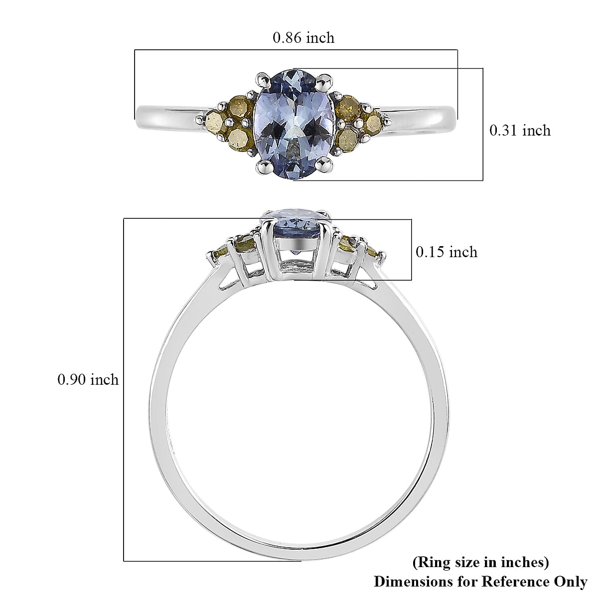 Peacock Tanzanite and Yellow Diamond Ring in Platinum Over Sterling Silver (Size 10.0) 0.90 ctw image number 5