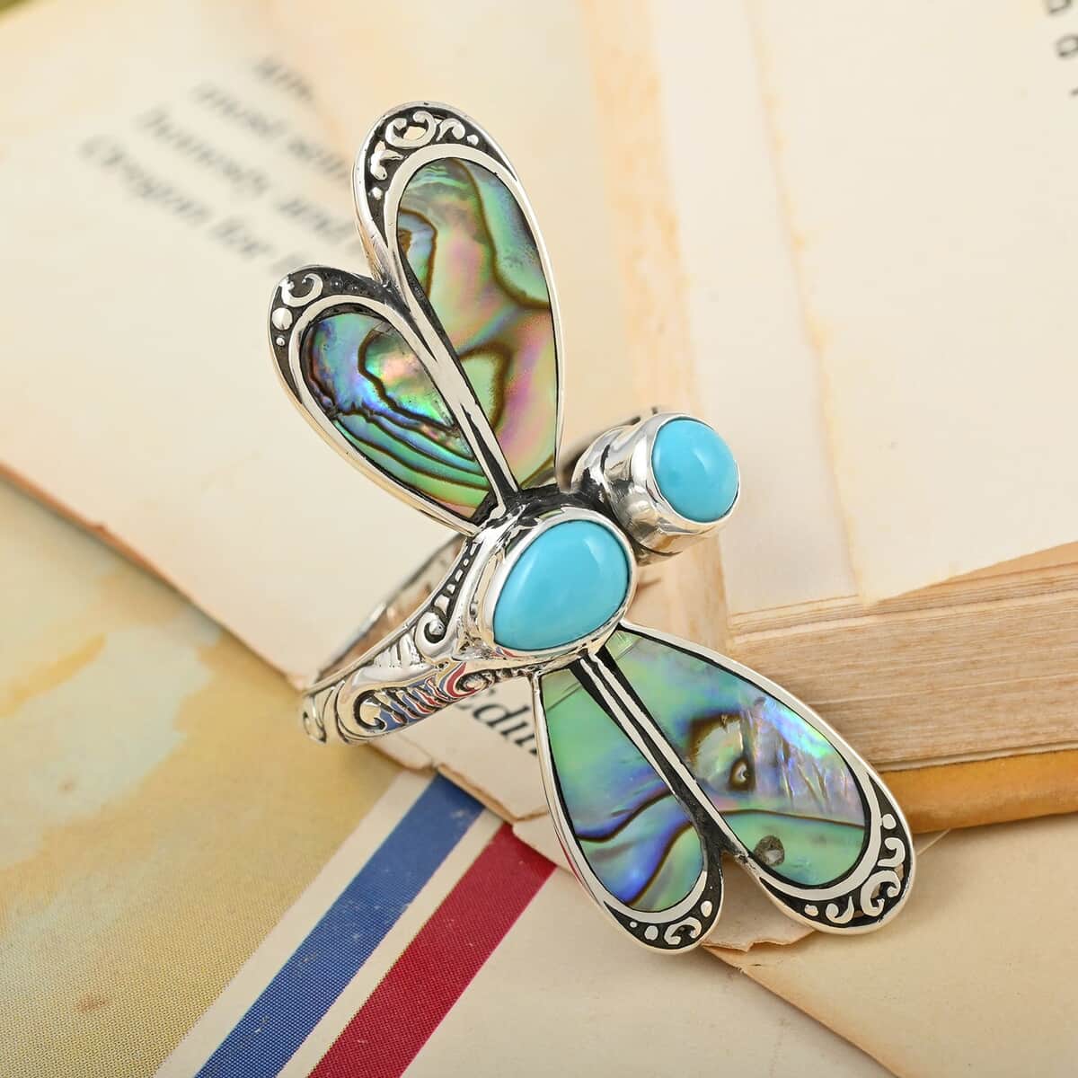 Bali Legacy Sleeping Beauty Turquoise and Abalone Shell Dragon Fly Ring in Sterling Silver (Size 10.0) 1.15 ctw image number 1