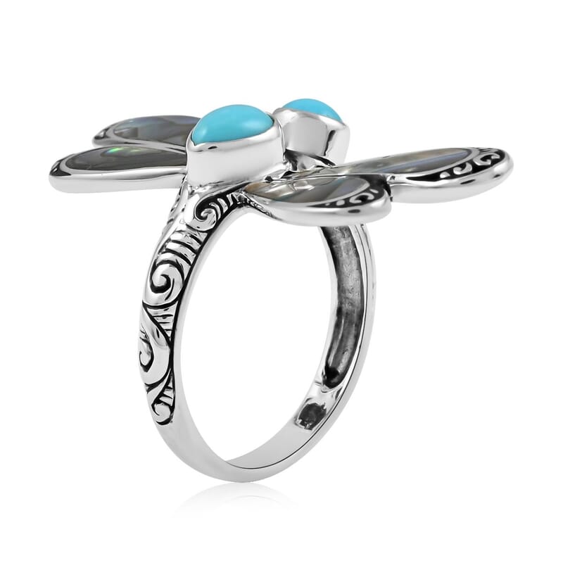 Bali Legacy Sleeping Beauty Turquoise and Abalone Shell Dragon Fly Ring in Sterling Silver (Size 10.0) 1.15 ctw