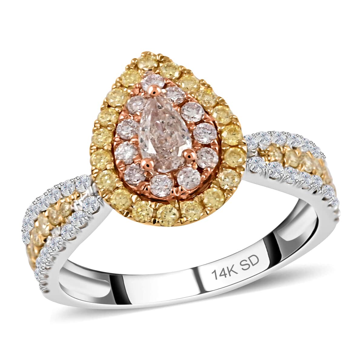 Ankur Treasure Chest 14K Tri-tone Gold Diamond Ring | Natural Pink, Yellow and White Diamond Ring | Tear Drop Ring | Pear Shape Ring | Diamond Cluster Ring | Tri Color Gold Ring 0.75 ctw image number 0