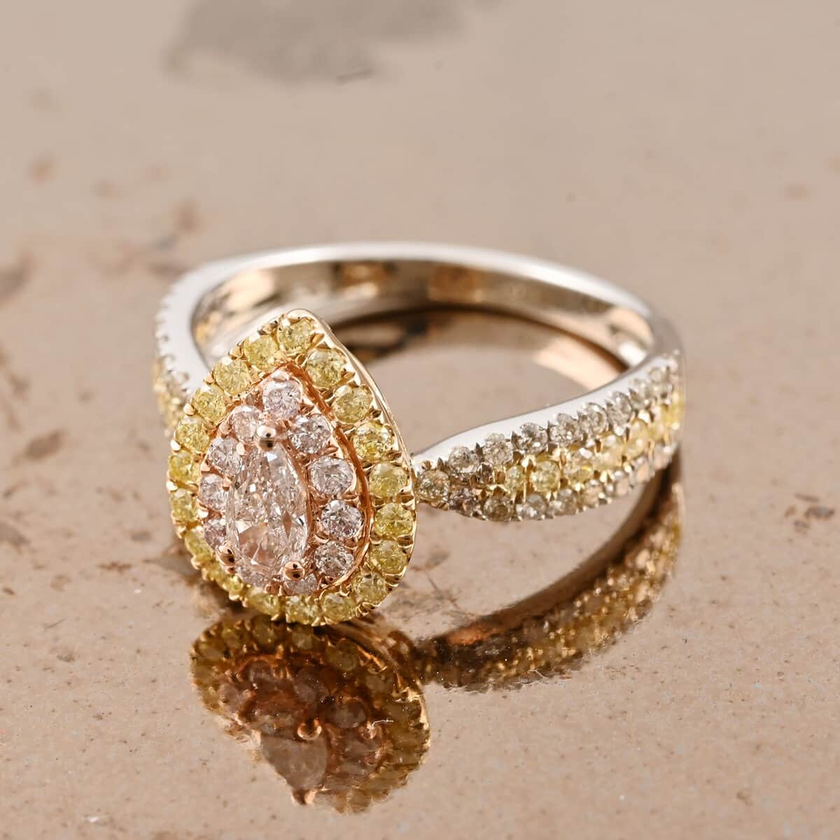 Ankur Treasure Chest 14K Tri-tone Gold Diamond Ring | Natural Pink, Yellow and White Diamond Ring | Tear Drop Ring | Pear Shape Ring | Diamond Cluster Ring | Tri Color Gold Ring 0.75 ctw image number 1