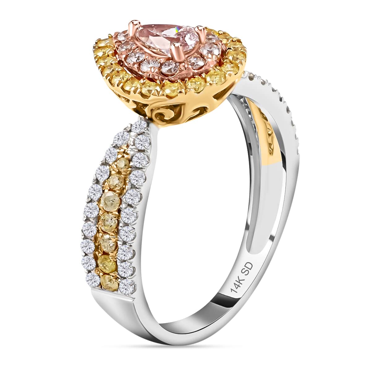 Ankur Treasure Chest 14K Tri-tone Gold Diamond Ring | Natural Pink, Yellow and White Diamond Ring | Tear Drop Ring | Pear Shape Ring | Diamond Cluster Ring | Tri Color Gold Ring 0.75 ctw image number 3