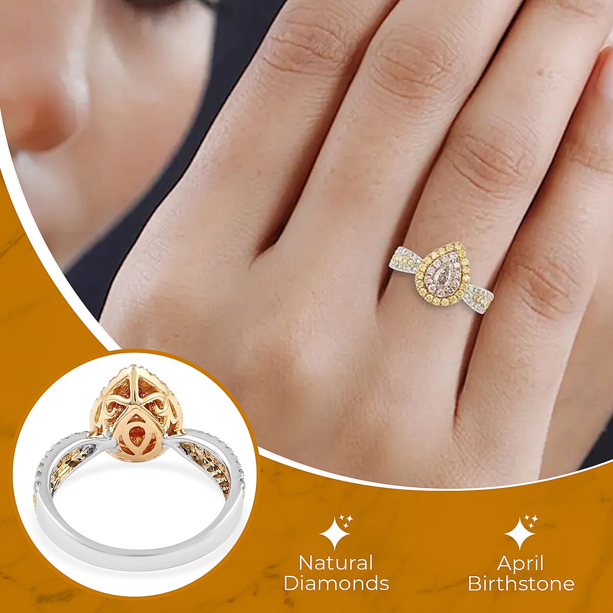 Ankur Treasure Chest Modani 14K Tri-tone Gold Diamond Ring , Natural Pink, Yellow and White Diamond Ring , Tear Drop Ring , Pear Shape Ring , Diamond Cluster Ring , Tri Color Gold Ring 0.75 ctw (Size 5) image number 2