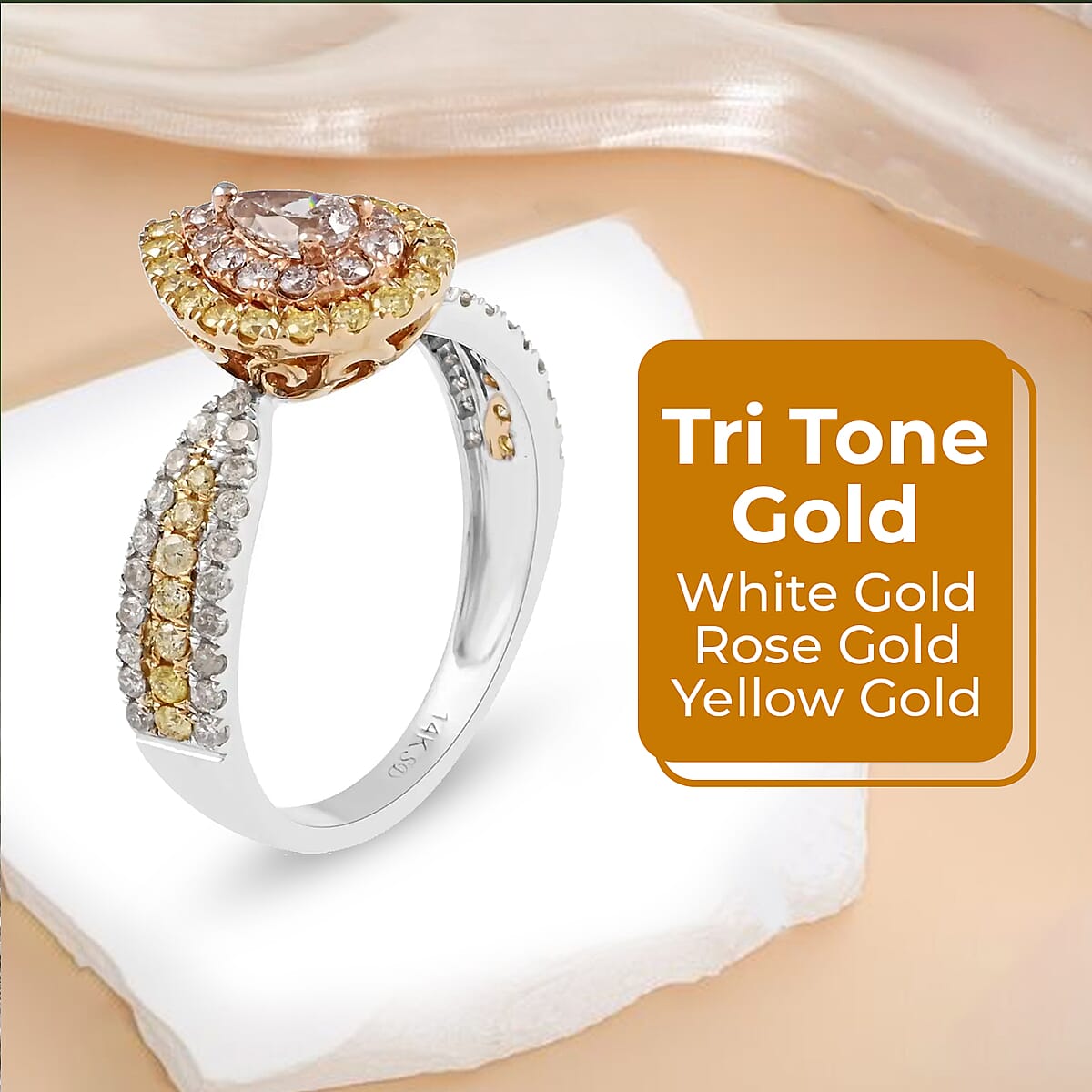 Ankur Treasure Chest Modani 14K Tri-tone Gold Diamond Ring , Natural Pink, Yellow and White Diamond Ring , Tear Drop Ring , Pear Shape Ring , Diamond Cluster Ring , Tri Color Gold Ring 0.75 ctw (Size 5) image number 3