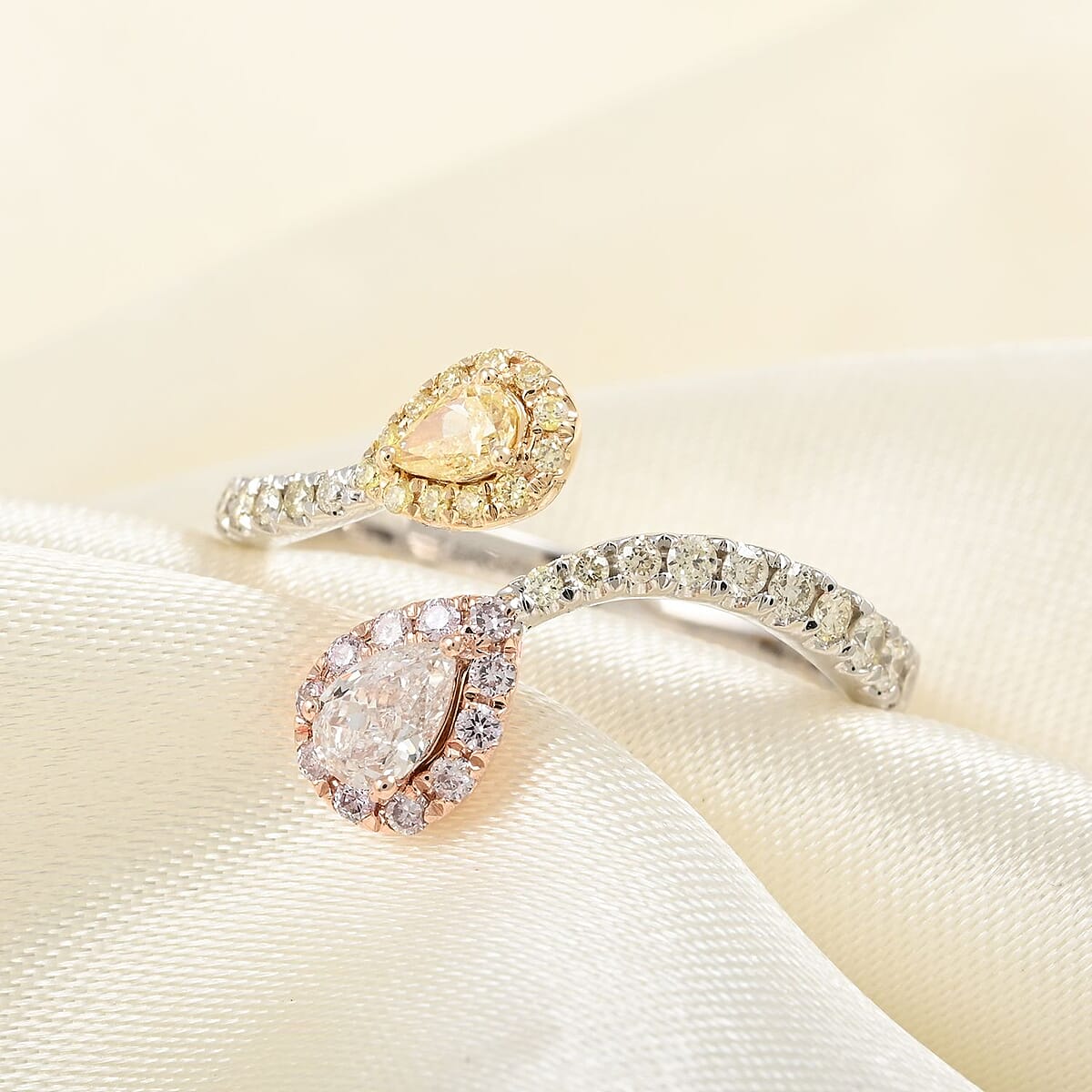 Modani 14K White Gold Natural Pink, Yellow and White Diamond (I1) 3-Tone Pear Shaped Ring (Size 6.0) (Del. 10-15 Days) 0.70 ctw image number 1