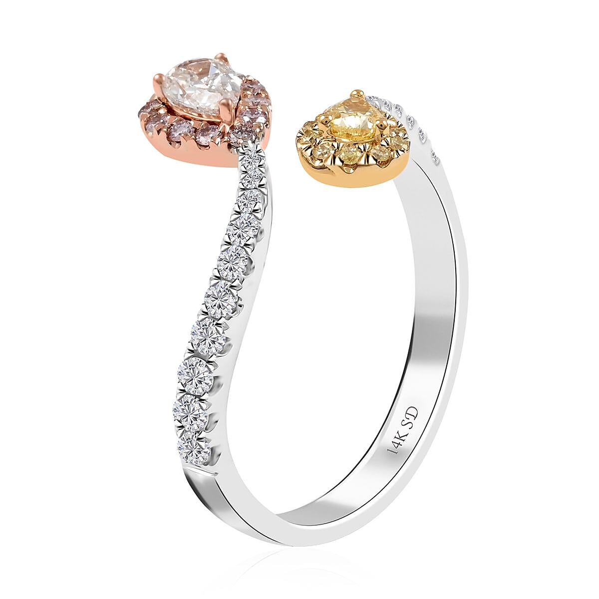 Modani 14K White Gold Natural Pink, Yellow and White Diamond (I1) 3-Tone Pear Shaped Ring (Size 6.0) (Del. 10-15 Days) 0.70 ctw image number 3