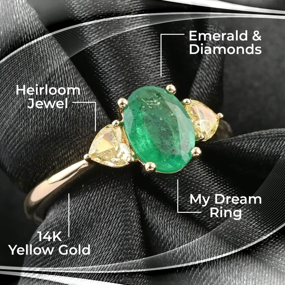Modani 14K Yellow Gold Brazilian Emerald and Natural Yellow Diamond Trilogy Ring, Emerald Jewelry, Birthday Anniversary Gifts For Her 1.35 ctw (Size 5.0) image number 1