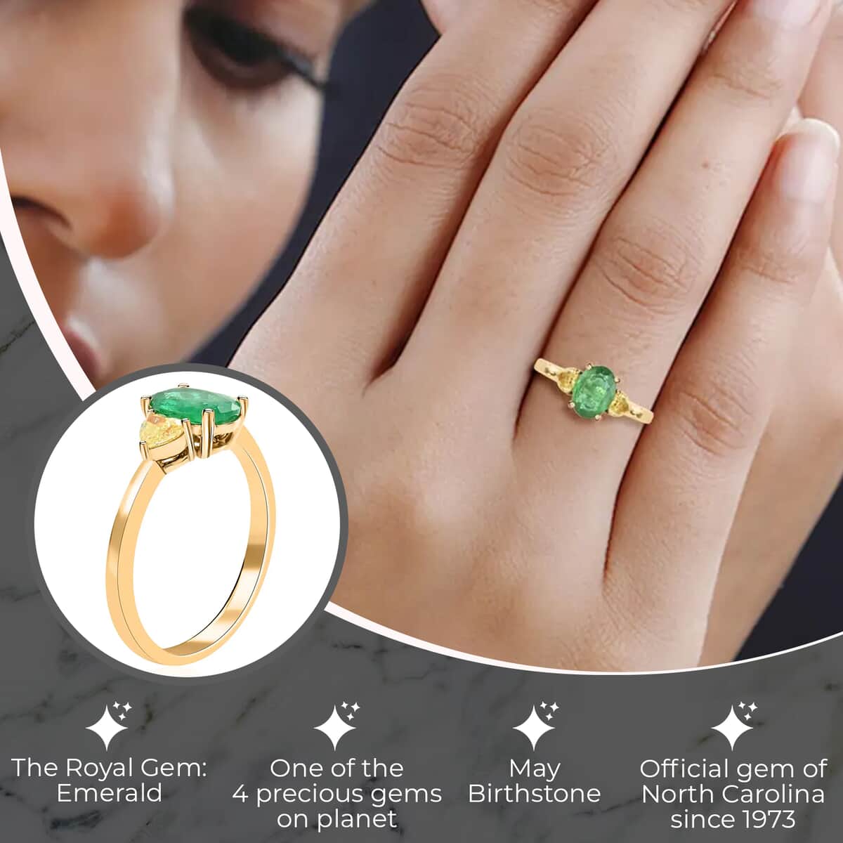 Modani 14K Yellow Gold Brazilian Emerald and Natural Yellow Diamond Trilogy Ring, Emerald Jewelry, Birthday Anniversary Gifts For Her 1.35 ctw (Size 5.0) image number 2