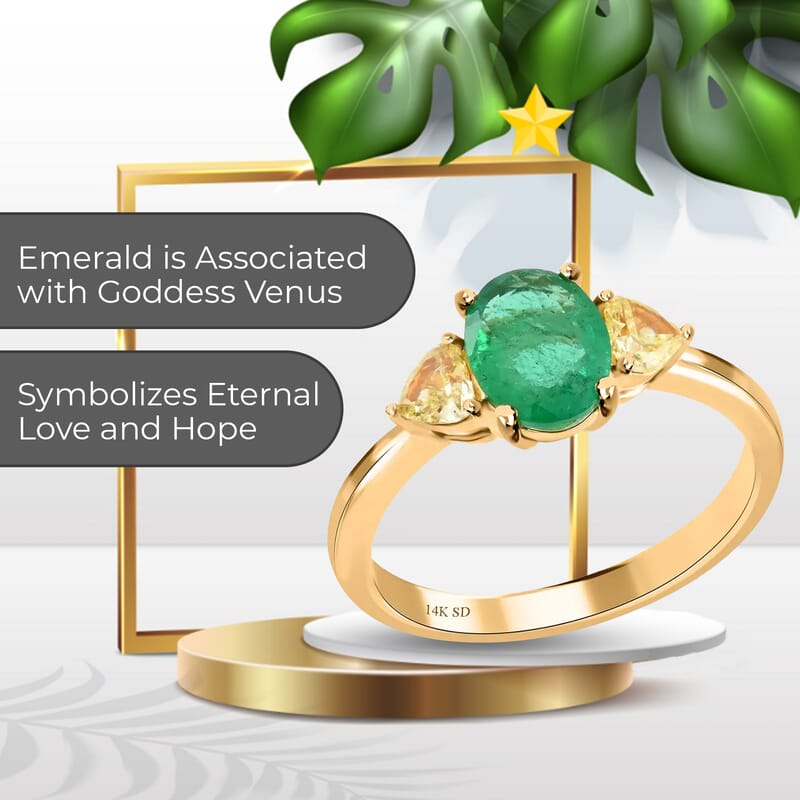 Modani 14K Yellow Gold Brazilian Emerald and Natural Yellow Diamond Trilogy Ring, Emerald Jewelry, Birthday Anniversary Gifts For Her 1.35 ctw (Size 5.0)