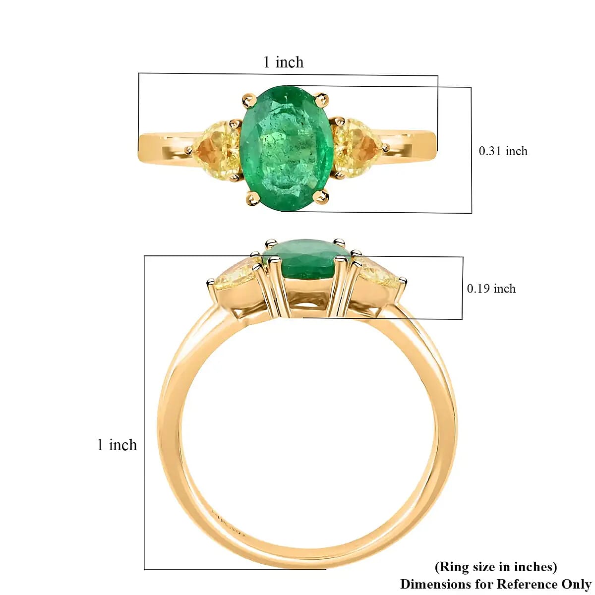 Modani 14K Yellow Gold Brazilian Emerald and Natural Yellow Diamond Trilogy Ring, Emerald Jewelry, Birthday Anniversary Gifts For Her 1.35 ctw (Size 5.0)