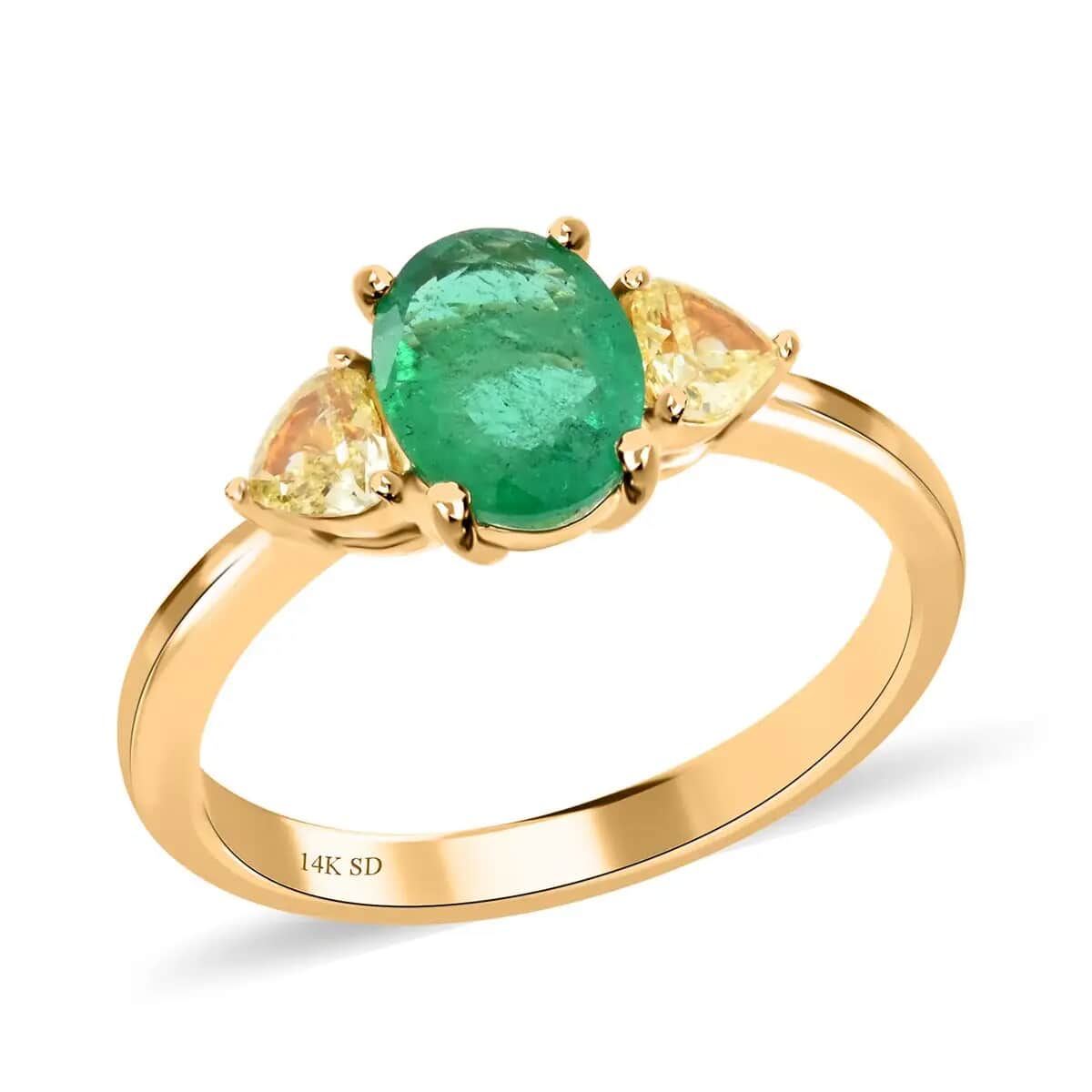 Modani 14K Yellow Gold Brazilian Emerald and Natural Yellow Diamond Trilogy Ring, Emerald Jewelry, Birthday Anniversary Gifts For Her 1.35 ctw (Size 7.0) image number 0