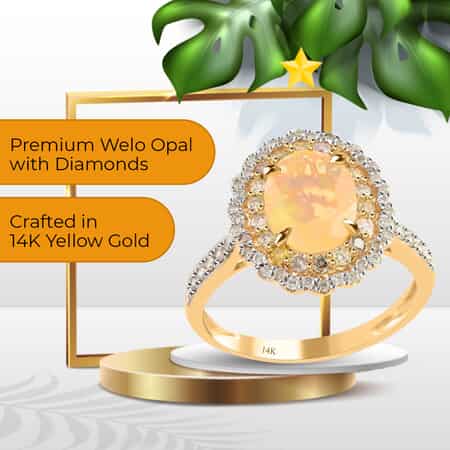 Ankur Treasure Chest Modani 14K Yellow Gold Ethiopian Welo Opal Ring, Multi Color Diamond Accent Ring, Gold Ring, Floral Halo Ring 1.45 CTW (Size 8.0)