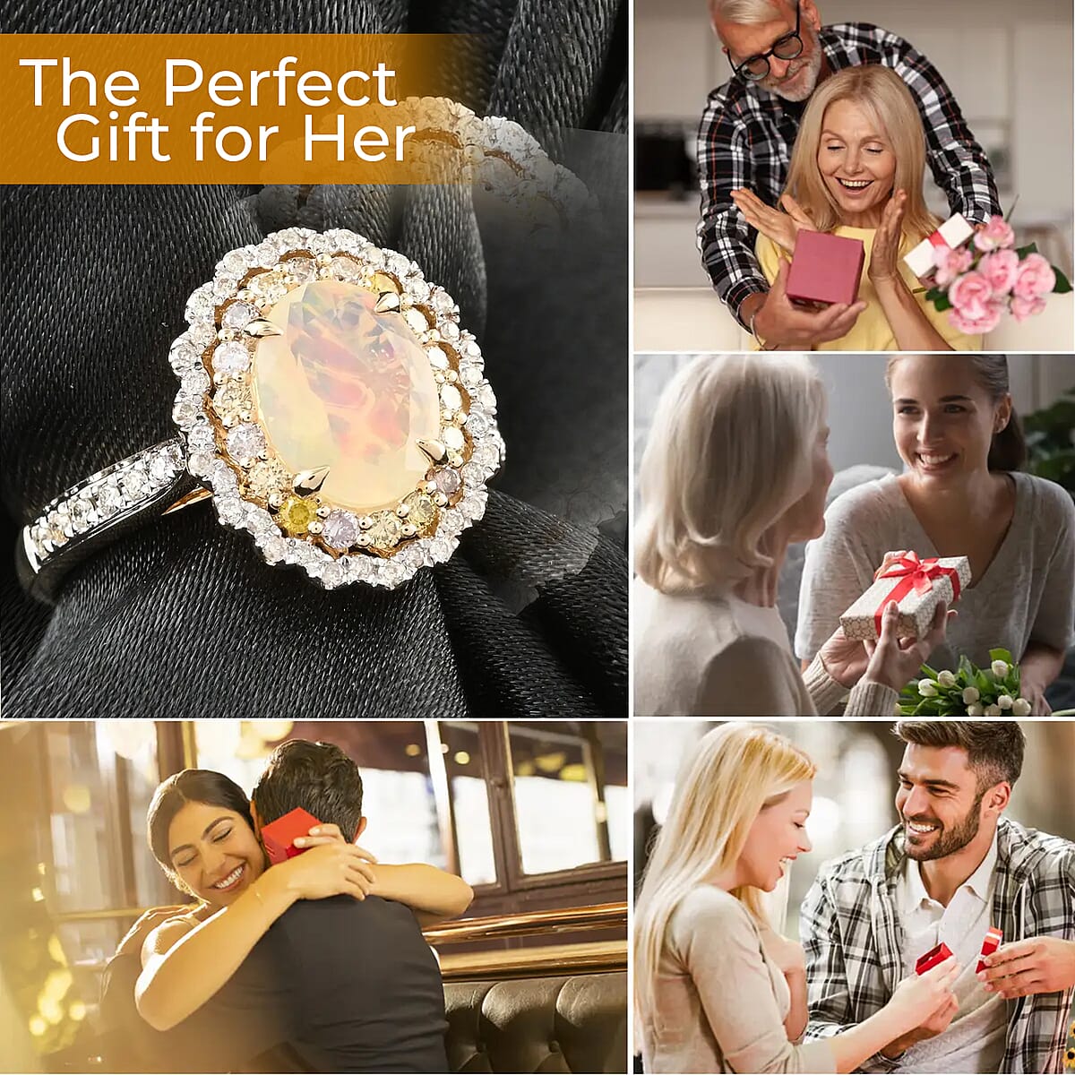 Ankur Treasure Chest Modani 14K Yellow Gold Ethiopian Welo Opal Ring ,Multi Color Diamond Accent Ring , Gold Ring , Floral Halo Ring 1.45 ctw image number 4